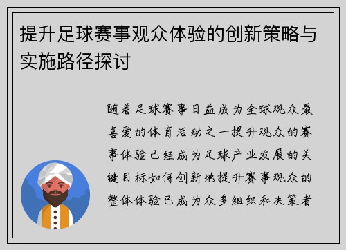 提升足球赛事观众体验的创新策略与实施路径探讨