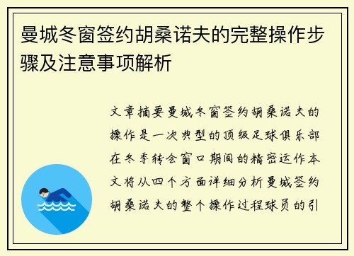 曼城冬窗签约胡桑诺夫的完整操作步骤及注意事项解析