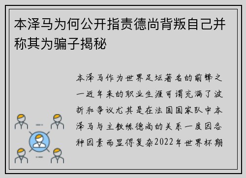 本泽马为何公开指责德尚背叛自己并称其为骗子揭秘